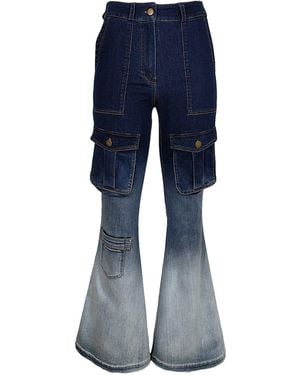 Lalipop Design High Waisted Ombre Effect Flared Cargo Denim Trousers - Blue