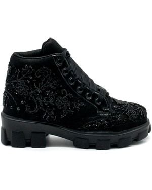 Rettrose Brooklyn Luxury Noir Suede Handmade Embellished Boot - Black