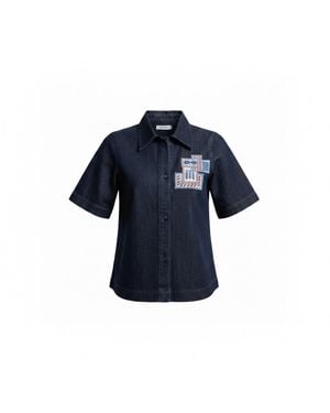 Up-fuse Patchwork Short Sleeve Denim Shirt- Strawberry Jam - Blue