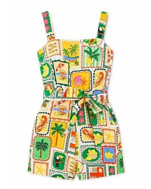Yumi' Multicolor Cotton Postcard Print Playsuit - Green