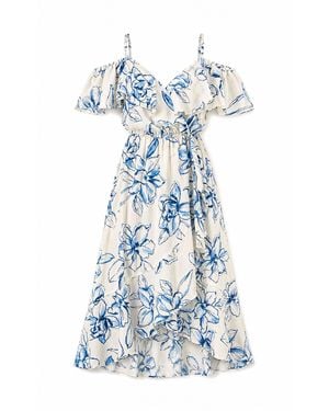Yumi' Neutrals Ivory Floral Print Bardot Midi Dress With Dip Hem - Blue
