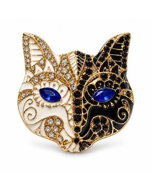 By Ozge Dual Spirit Sapphire Crystal Enamel Cat-Tone Brass Brooch - Metallic