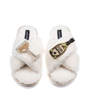 Laines London Neutrals Laines Neutral Boucle Slippers With Dom Darling Champagne Brooches - White