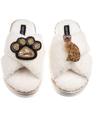 Laines London Neutrals Boucle Slippers With Paw & Bengal Cat Brooches - Metallic