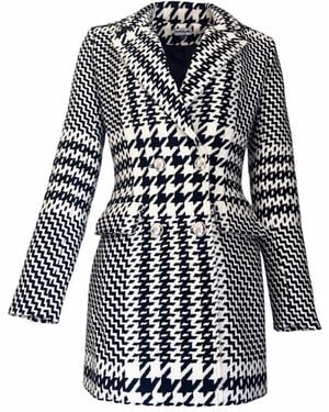 Adrenaline Fashion Houndstooth Wool Coat And Double Breasted Elegant Short Winter Overcoat Designer Outerwear - Blue
