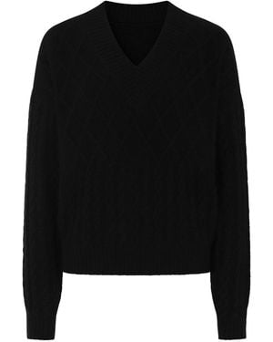 Loop Cashmere Ribbed Trim Cable Cashmere V Neck Jumper - Black