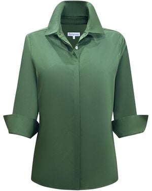 Perlavera Cox Solid Cotton Satin Three Quarter Sleeve Length Slim Fit Shirt - Green