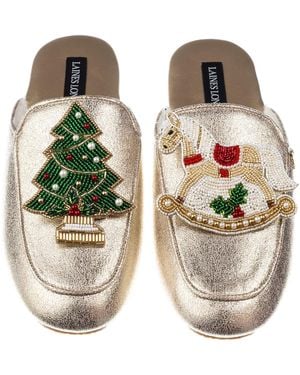 Laines London Classic Mules With Christmas Tree & Rocking Horse Brooches - Green