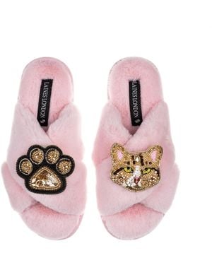 Laines London Classic Laines Slippers With Tabby Cat & Paw Brooches - Pink