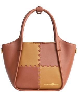 Orange Cube Square Stitch Basket Bag - Brown