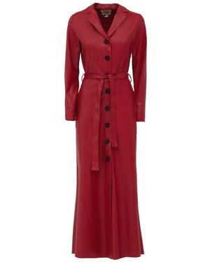 Julia Allert Long Button-Up Eco-Leather Trench - Red