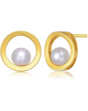 Genevive Jewelry Sterling Plated With Genuine Freshwater Hollow Round Pearl Stud Earrings - Metallic