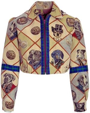 Couture to Your Door Neutrals Dog People Only Tapestry Upcycled Cropped Jacket - Blue