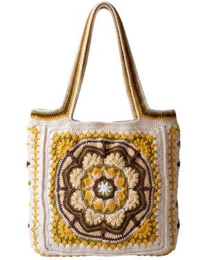 Ana Chic Mustard Medallion Granny Square Handmade Crochet Tote Bag - Metallic
