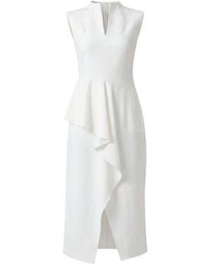 BLUZAT Asymmetrical Midi Dress With Decorative Ruffle - White