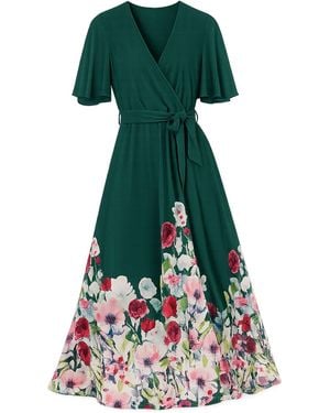 Yumi' Mesh Wrap Midi Dress With Floral Hem Border - Green