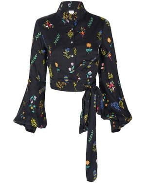 Em & Shi Midnight Botanica Tie-Up Blouse - Black