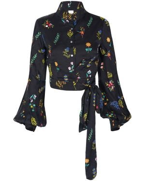 Em & Shi Midnight Botanica Tie-Up Blouse - Black