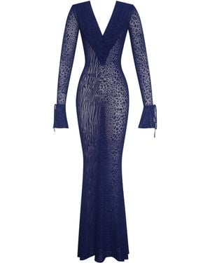 Miss Circle New York Ilyse V-Neck Plunge Animal Print Mermaid Hem Maxi Dress - Blue