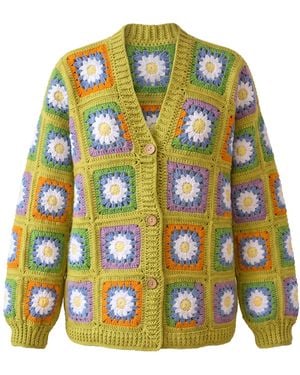Ana Chic Daisy Granny Square Handmade Crochet Cardigan - Green