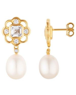Lulu B London Topaz & Pearl Gemstone Flower Stud Drop Earrings - Metallic