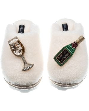 Laines London Teddy Closed Toe Slippers With Bubbles Darling Brooches - White