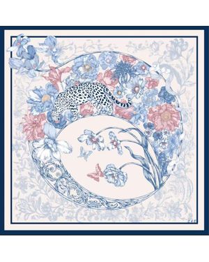 Silk and Bears Leopard & Floral Twill Silk Scarf – Ivory - Blue