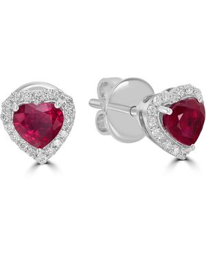 Artisan Heart Shape Ruby & Diamond Halo Stud Earrings - Multicolour