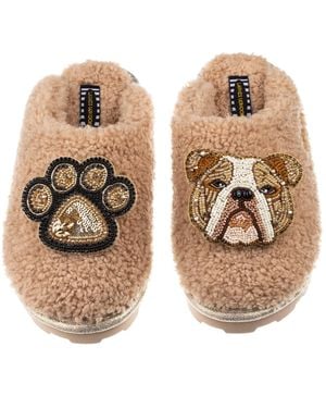 Laines London Teddy Towelling Closed Toe Slippers With Mr Beefy Bulldog & Paw Brooch - Metallic