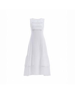 Haris Cotton Linen Maxi Sleeveless Dress With Lace Trim Details And Ruffles - White