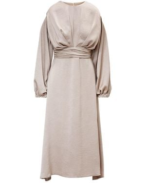 BLUZAT Neutrals Midi Dress With Shoulder Pads Detail And Pleats - Natural