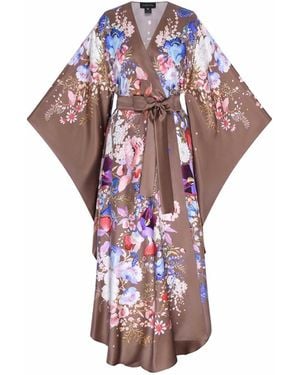 Meng Chocolate Watercolor Flowers Silk Satin Wrap Dress - Purple