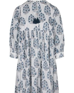 La Mandarine Block Printed Cotton Summer Dress With Pockets, Valerie Midi Dress - Blue