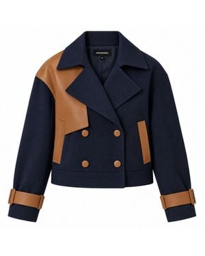 Smart and Joy Short Double-Breasted Trench Coat With Contrasting Panels - Blue