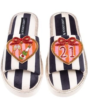 Laines London Flatform Stripe Open Toe Slippers With Stripe Heart 21St Birthday Brooches - Red