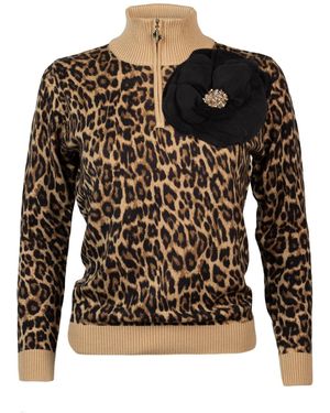 Laines London Laines Couture Leopard Print Quarter Zip Jumper With Embellished Corsage - Black