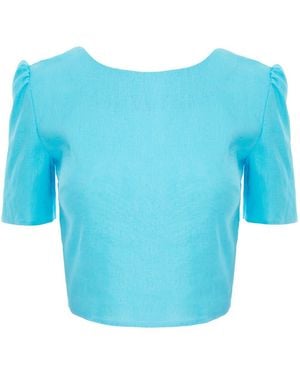 AVENUE No.29 Linen Cropped Blouse With Back V Cut - Blue