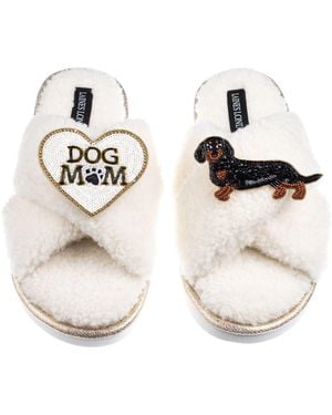 Laines London Neutrals Boucle Slippers With Dog Mum/Mom & & Tan Dachshund Brooches - White
