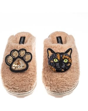 Laines London Neutrals Teddy Closed Toe Slippers With Misty Cat & Paw Brooches - Metallic