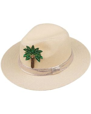 Laines London Neutrals Straw Woven Hat With Embellished Palm Tree Brooch - Natural