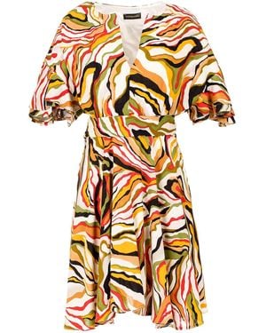 Conquista Brick Color Print Dress With Ruffle Sleeves - Brown