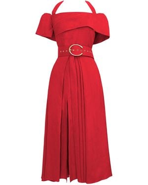 ALINA CERNĂTESCU Chimera Cocktail Linen Off Shoulder Midi Dress - Red