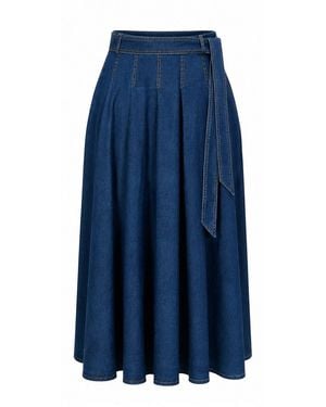 Exquise Pleated Midi Skirt With Pockets & Belt - Blue
