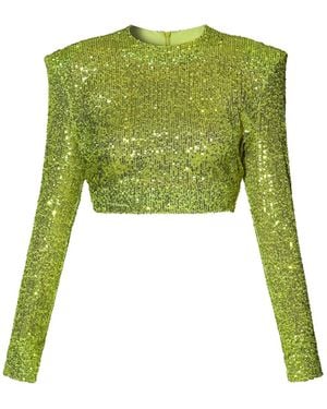 AGGI by HALEWSKI Zoey Lemon Sparkle Sequin Long Sleeve Crop Top - Green