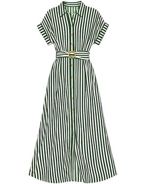 Yumi' Stripe Print Relaxed Midi Shirt Dress With Belt - Green