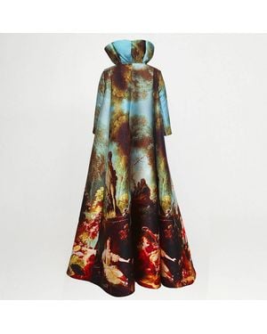 Maxjenny Royal Print Long Coat – Sculptural Collar - Green
