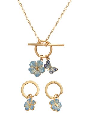 Fable England Flower Huggie Earrings & Butterfly & Flower Necklace Set - Metallic