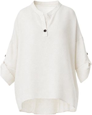 Jana Coshè Ivory Linen Oversized Shirt With Mandarin Collar And Horn Button - White
