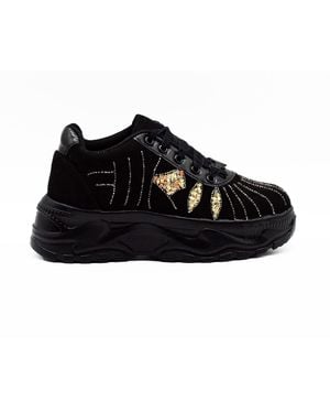 Rettrose Clara Luxury Noir Suede Handmade Embellished Trainers - Black
