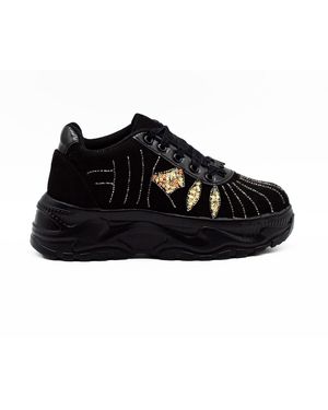 Rettrose Clara Luxury Noir Suede Handmade Embellished Sneakers - Black